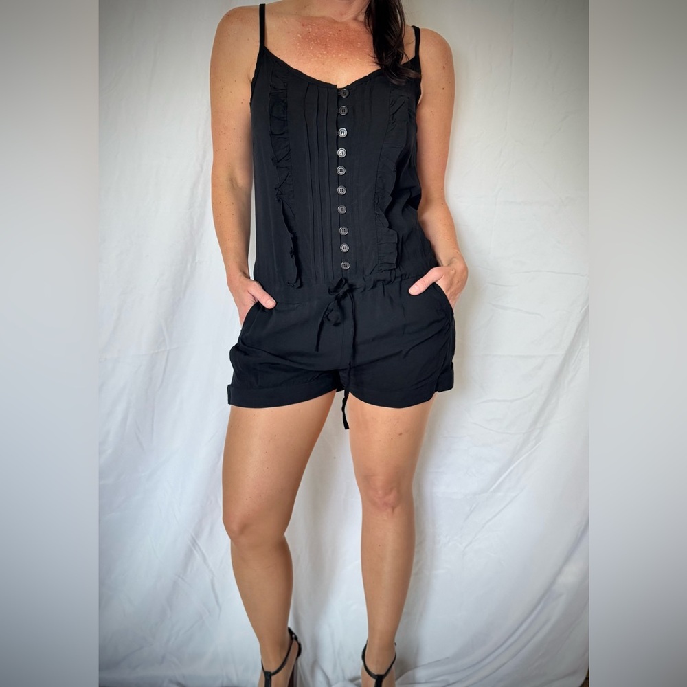 Sevengate Black Short Romper w/ Pockets & Ruffles